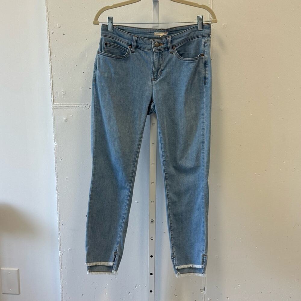 Eileen Fisher Petite Stretch Slim High Waist Jeans Fringe Hem 6P Blue
